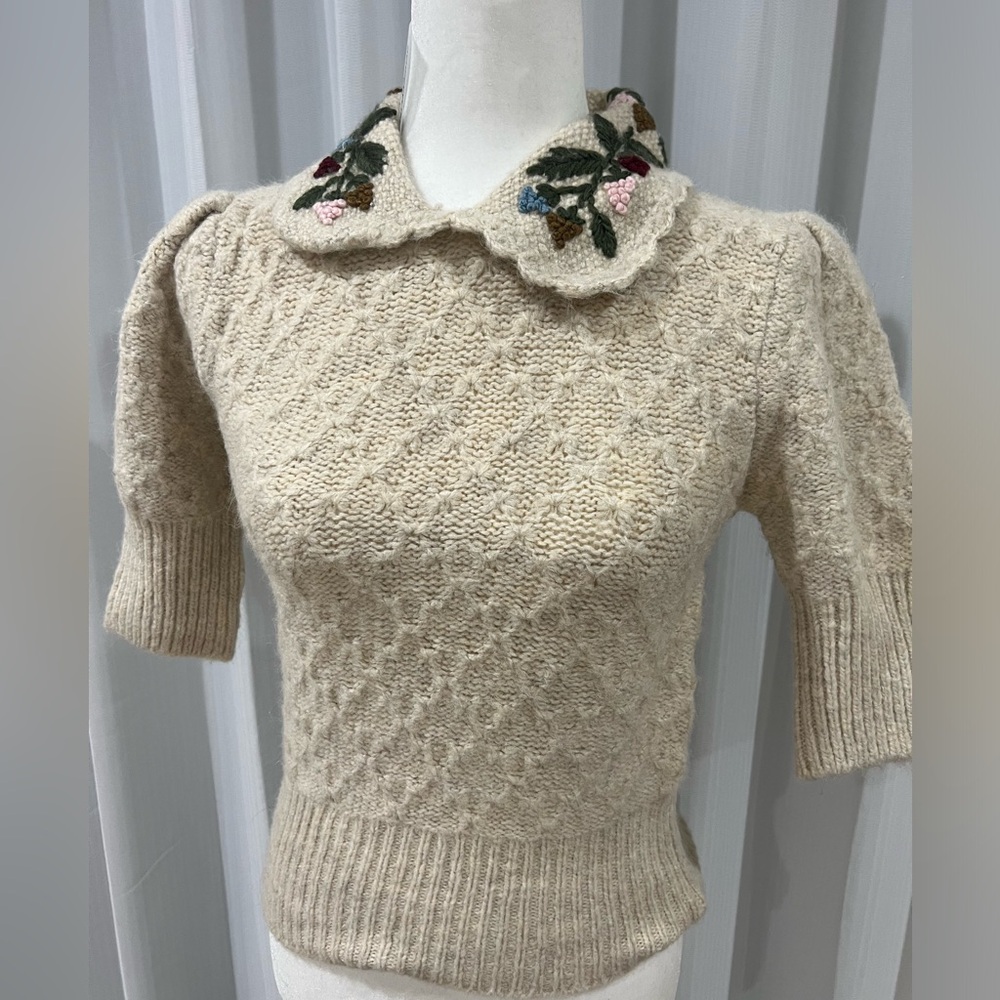 ZARA Floral Embroidered Collar short sleeve Sweater NWT